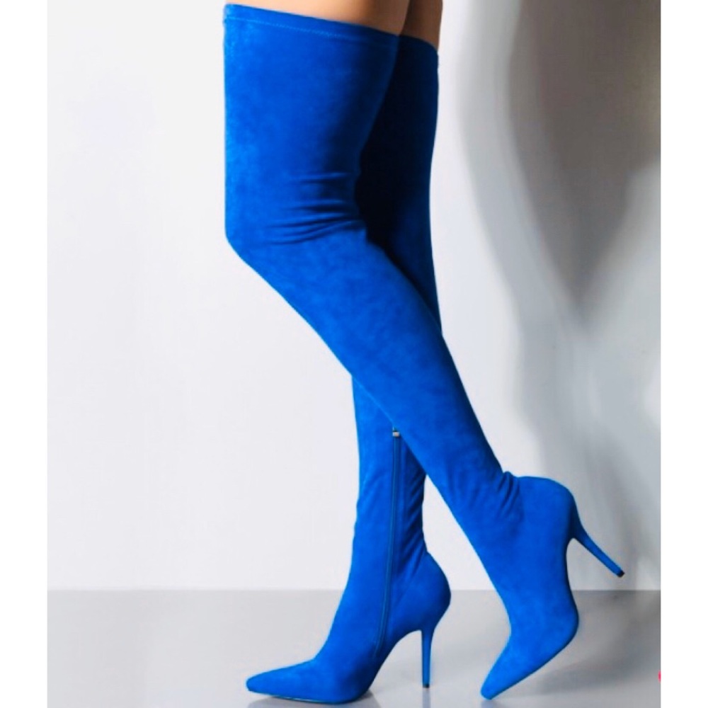 Royal blue suede thigh high boots